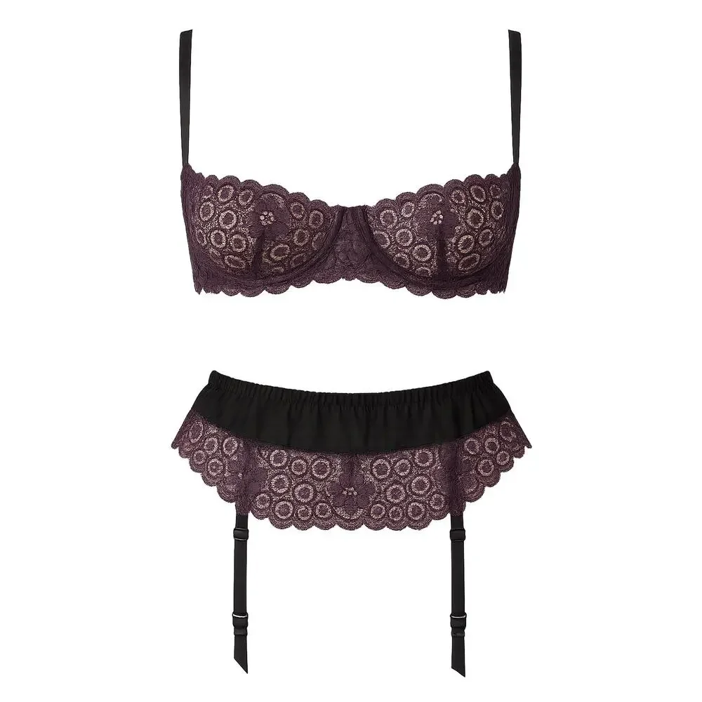 Vintage ESCANTE 2 pc lingerie set balconette bra garter belt purple lace small s